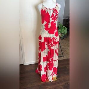 Floral  drop waist Maxi Dress with Red and light tan Design